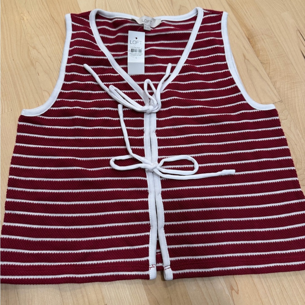 LOFT Red and White Striped Knit Tie-Front Vest